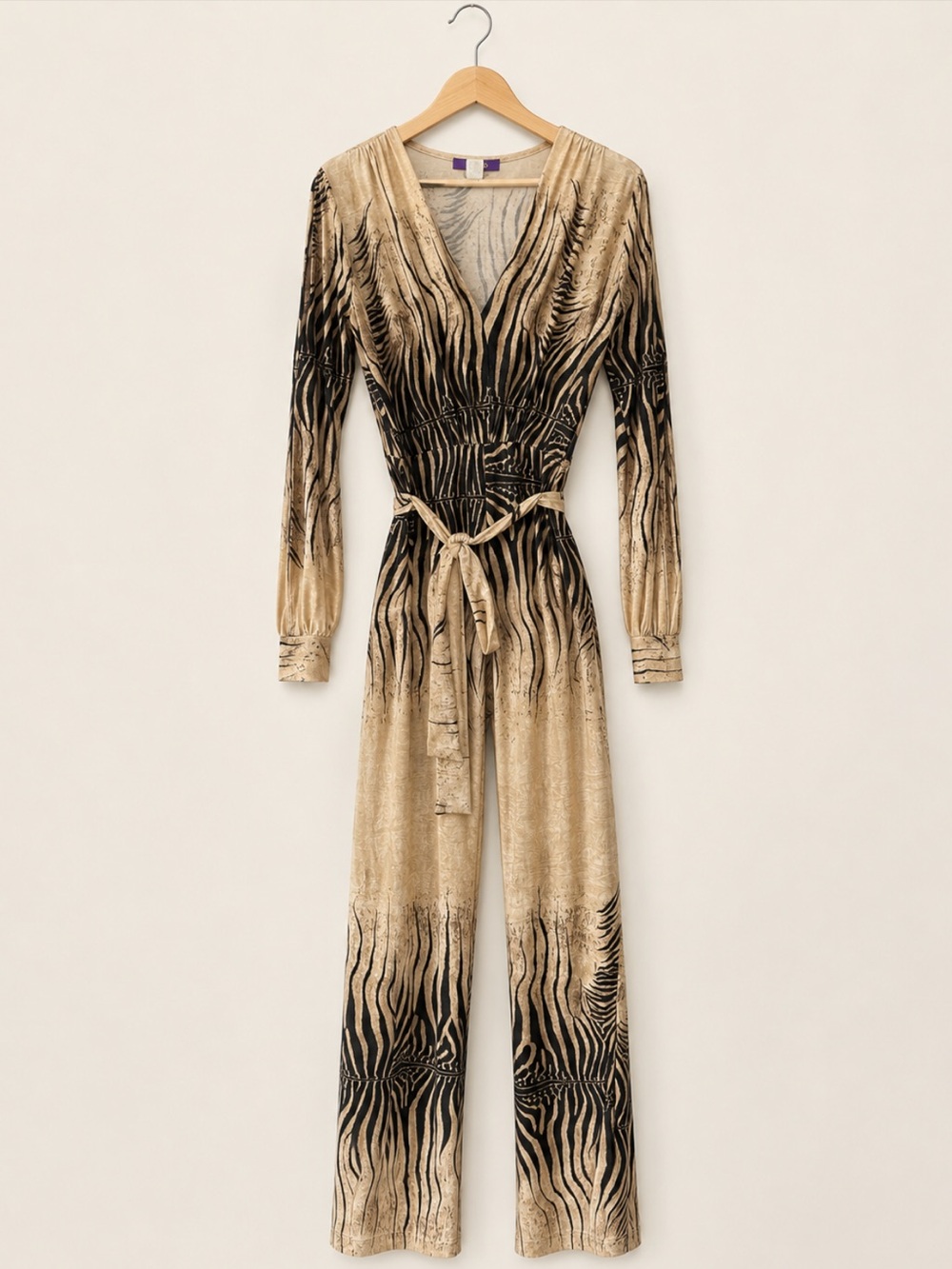 Cameo Zebra Animal Print Long Sleeve Belted Wide Leg Jumpsuit Beige Black - Picture 2 of 7